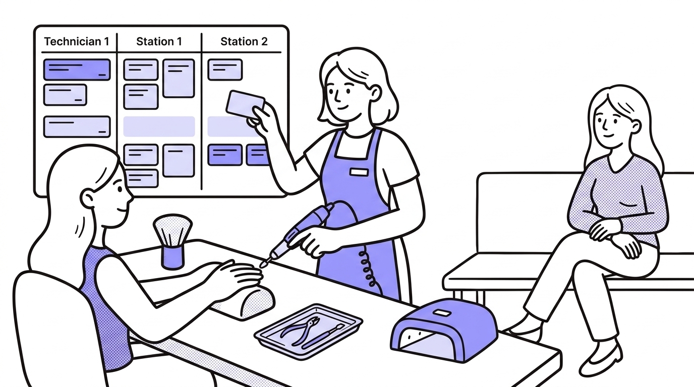 Visual work calendar with nail appointments, shared stations, and manicure tools showing a real salon day